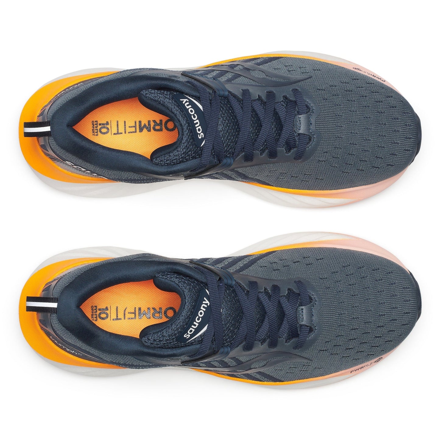 Dusk Saucony running shoe and a orange/yellow cushioning 