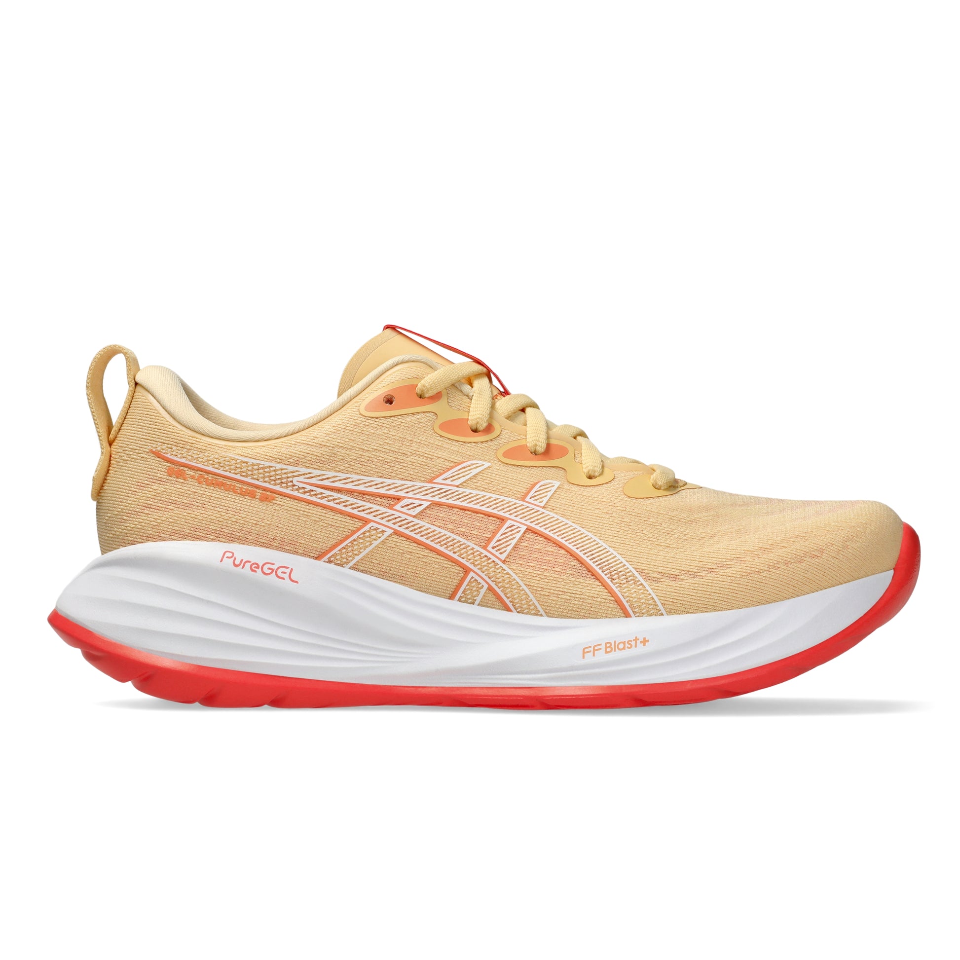 Light orange running shoe with red sole on a white background