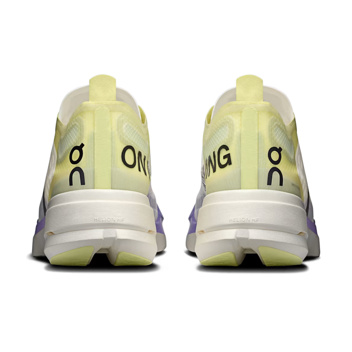 A pair of On running shoes shown from the rear, featuring a translucent pale yellow-green upper, thick white midsoles, and black 'ON' branding on the heel area.
