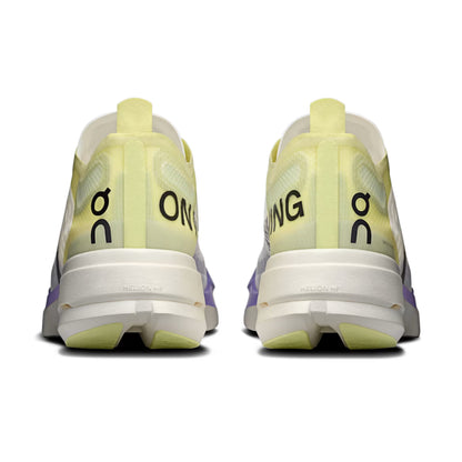 A pair of On running shoes shown from the rear, featuring a translucent pale yellow-green upper, thick white midsoles, and black 'ON' branding on the heel area.