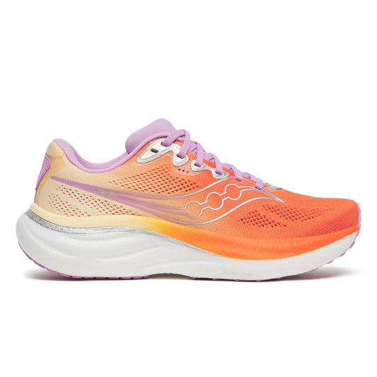 Orange and pink Saucony running shoe with a white sole on a white background