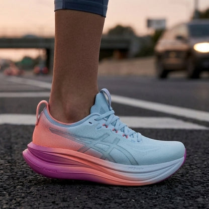 Person wearing white, coral and pink Asics running shoes on a road