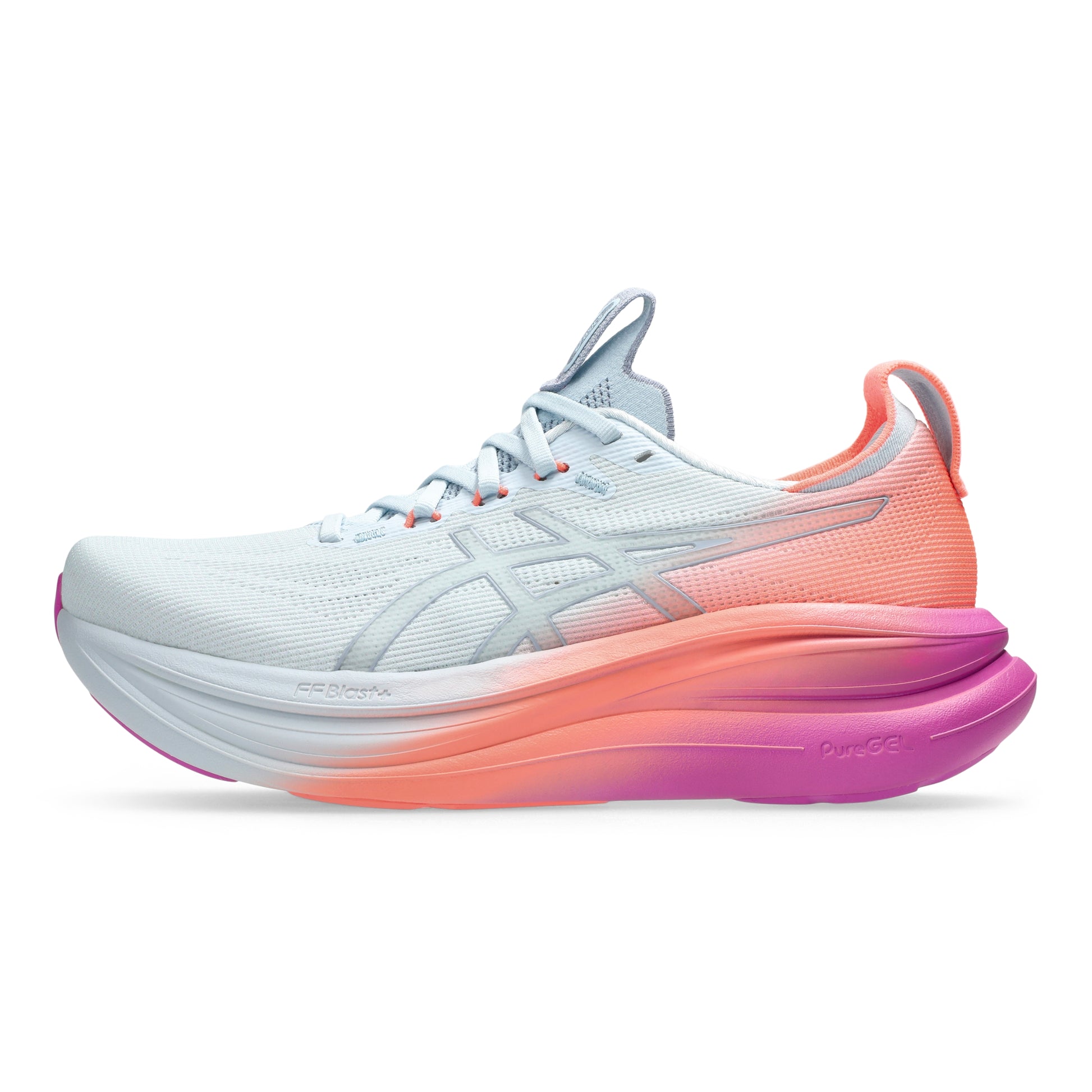 White, coral and pink Asics running shoe on a white background