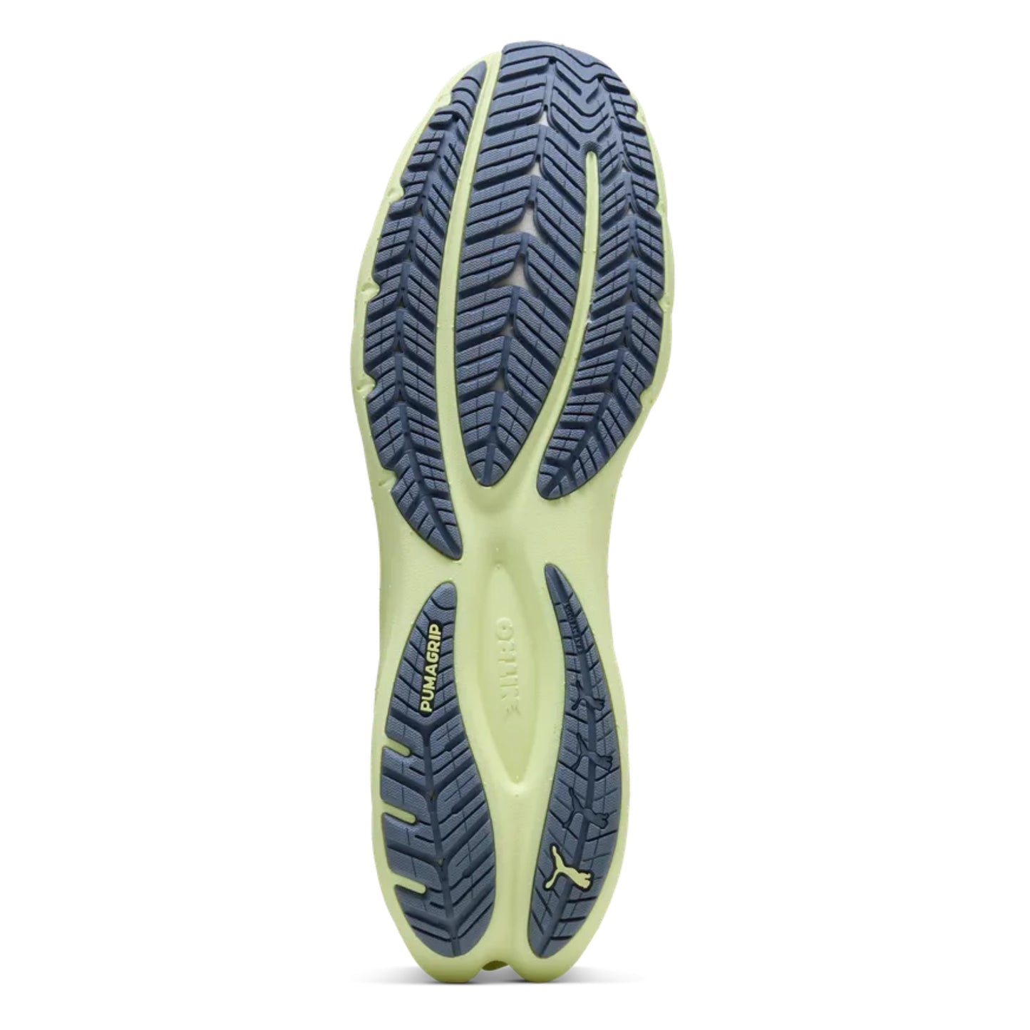 Close-up of a running shoe sole with tread pattern on a white background