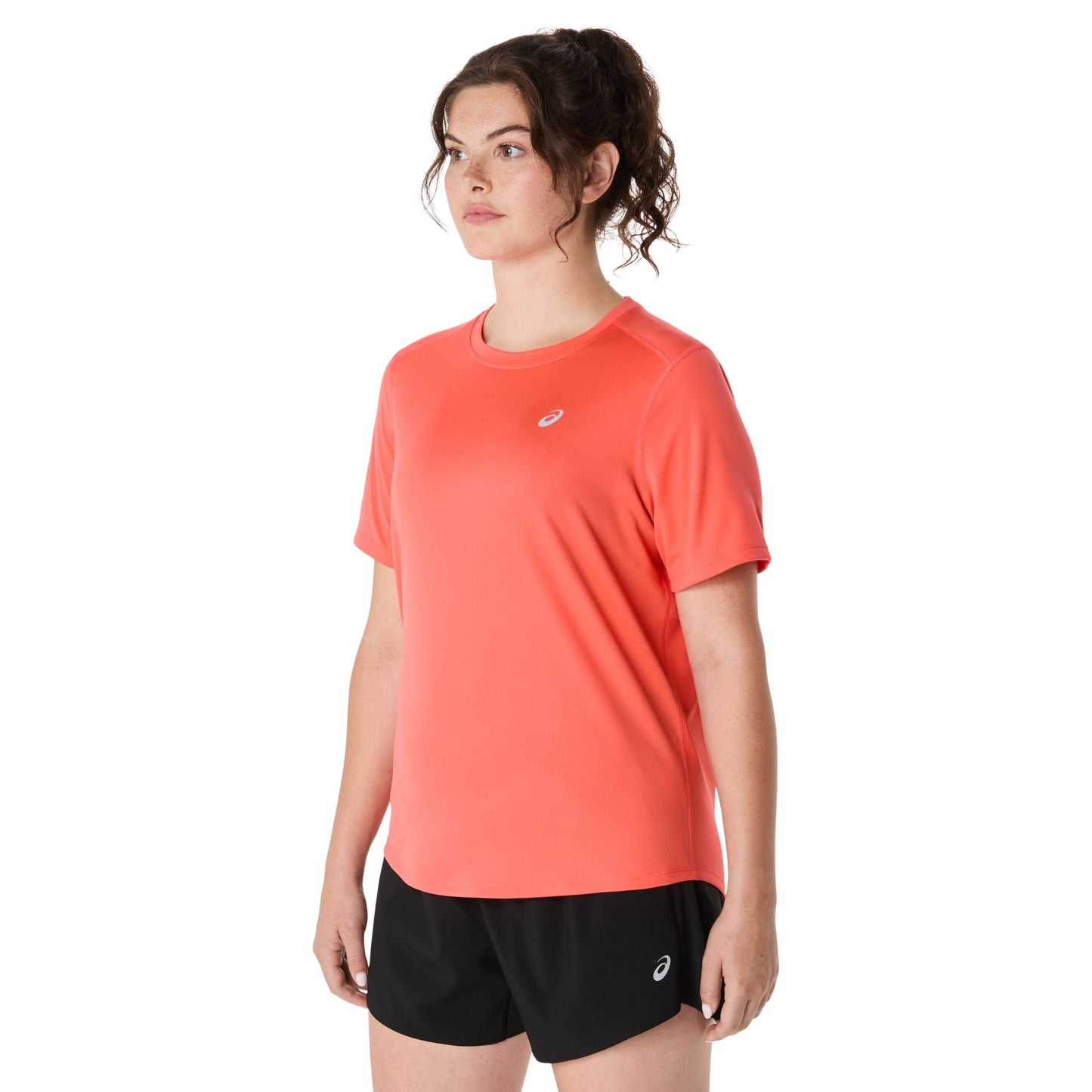 Person wearing coral shirt on a white background