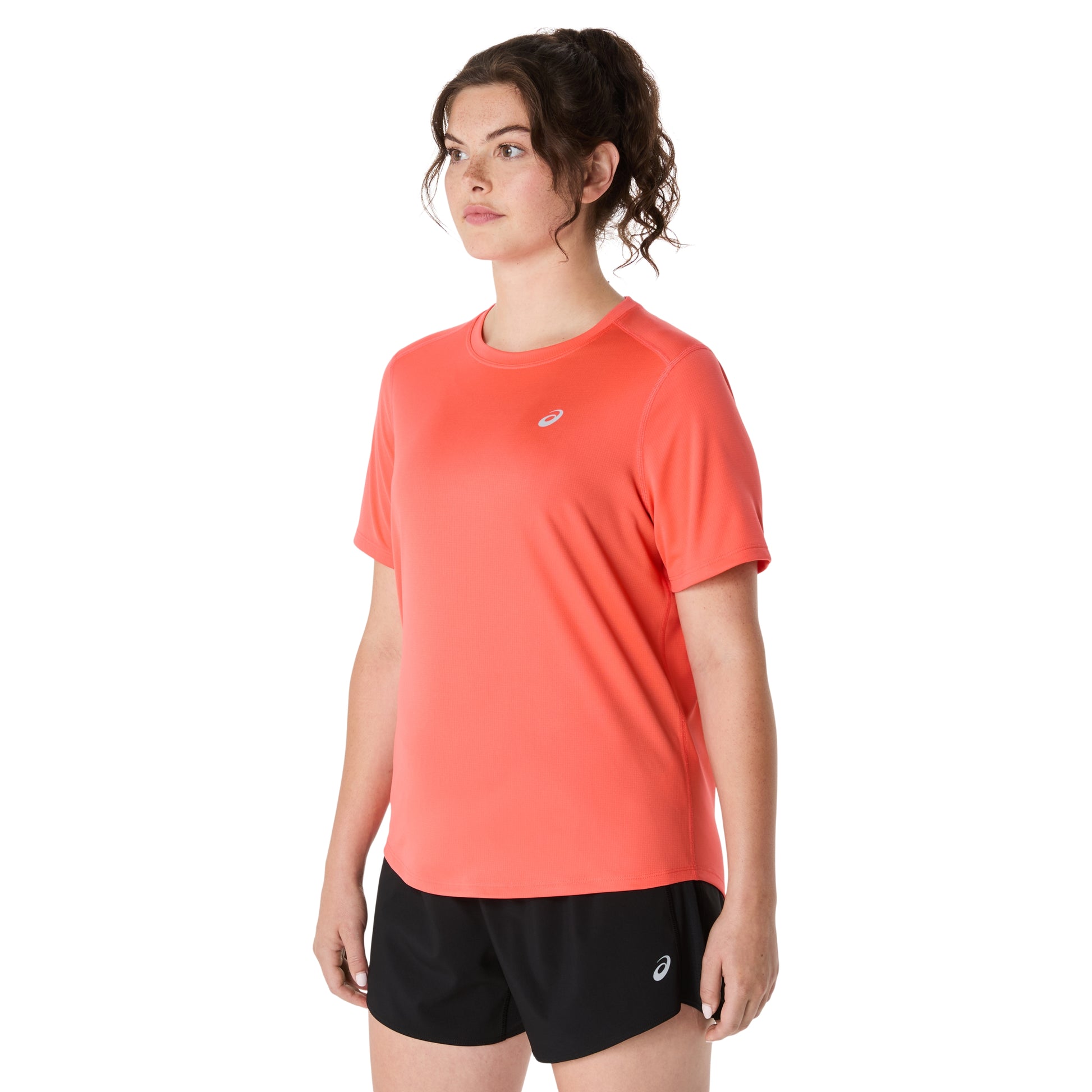 Person wearing coral shirt on a white background