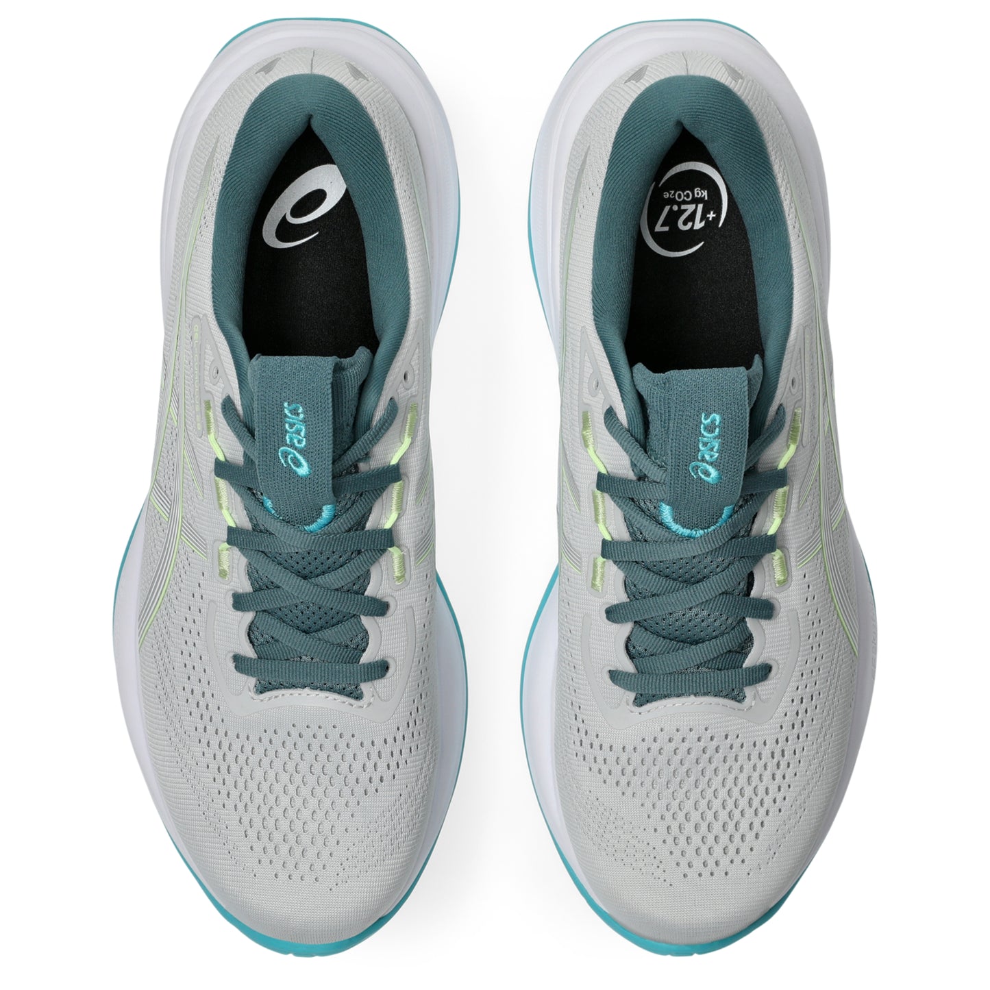 Gray and teal Asics running shoes on a white background