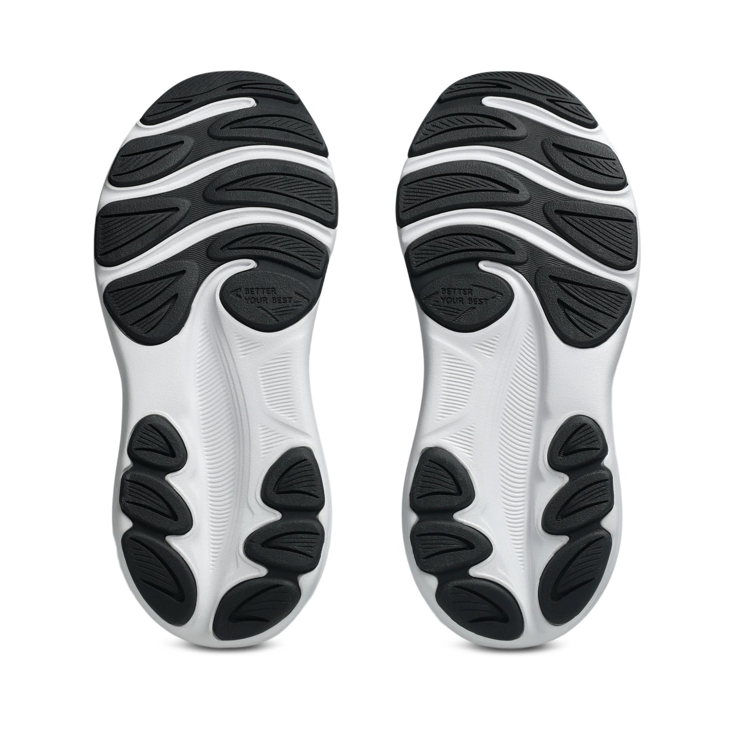 A pair of running shoes shown from the sole view, featuring a white midsole with black textured outsoles, photographed against a solid white background.