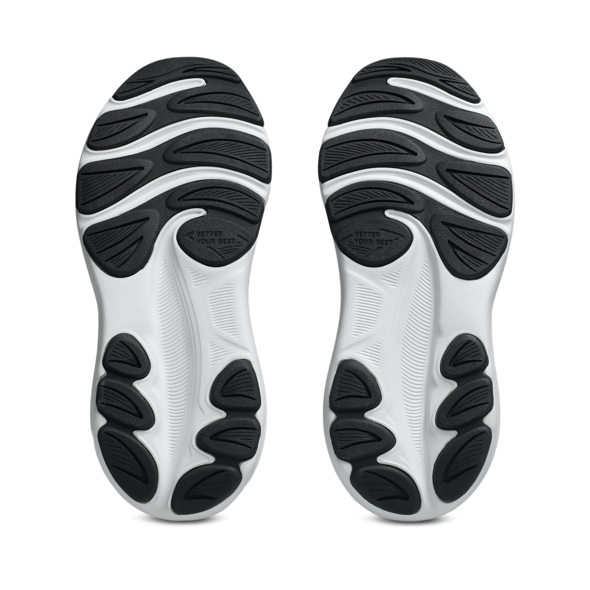 A pair of running shoes shown from the sole view, featuring a white midsole with black textured outsoles, photographed against a solid white background.