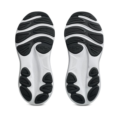 A pair of running shoes shown from the sole view, featuring a white midsole with black textured outsoles, photographed against a solid white background.