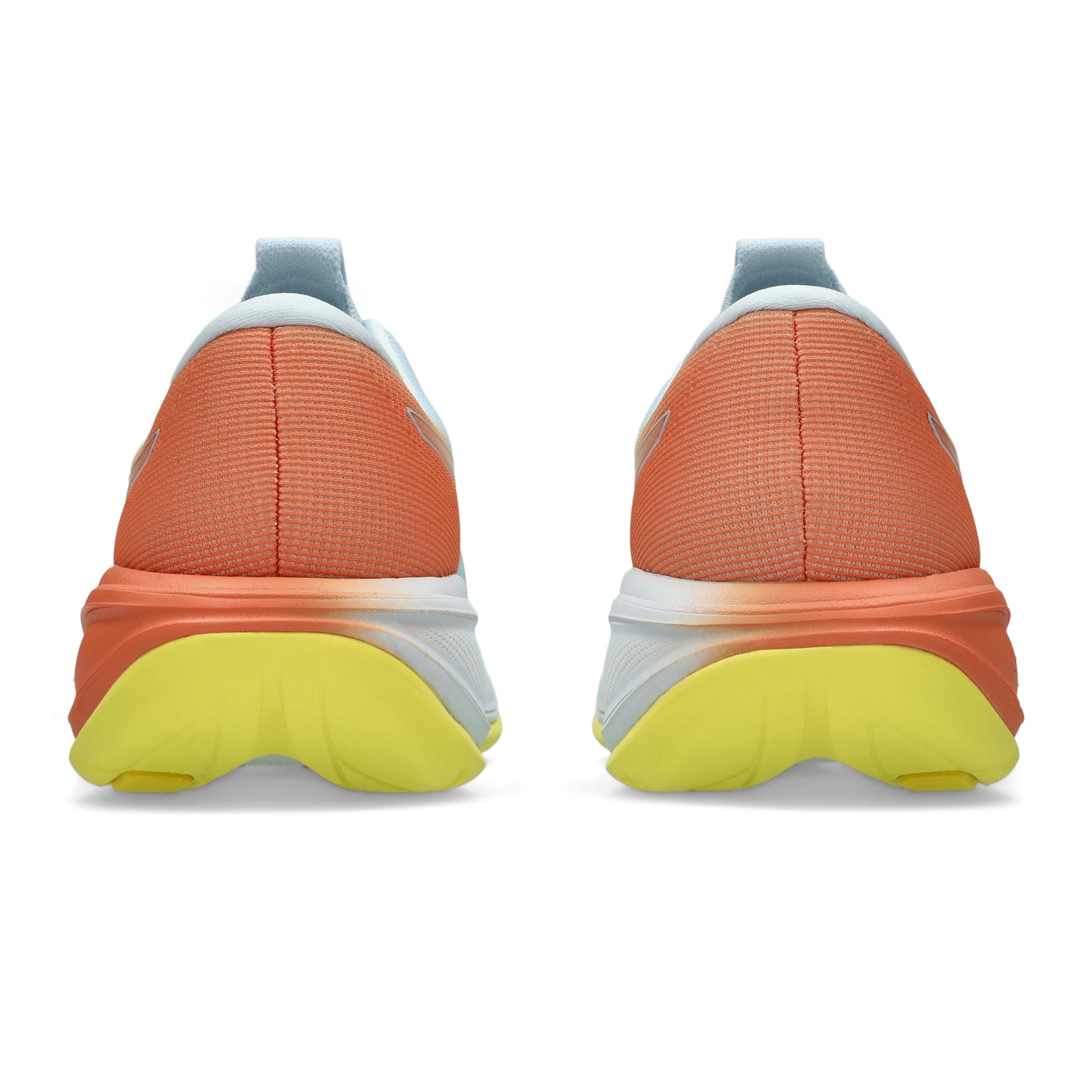 Back view of a white and orange Asics running shoe on a white background