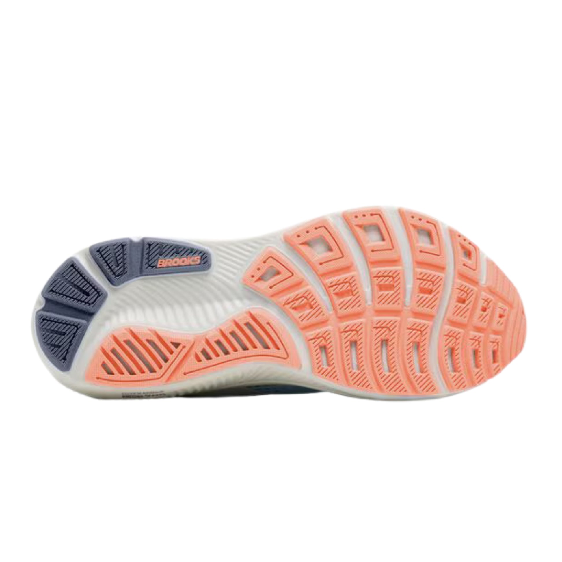 The sole of a Brooks running shoe, showing a white and coral orange tread pattern with a dark navy heel section and the 'adidas' logo.