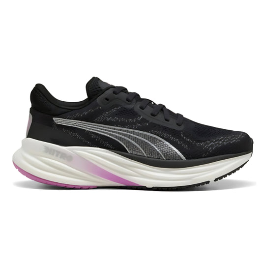 Black Puma running shoe with white sole and pink accent on a white background