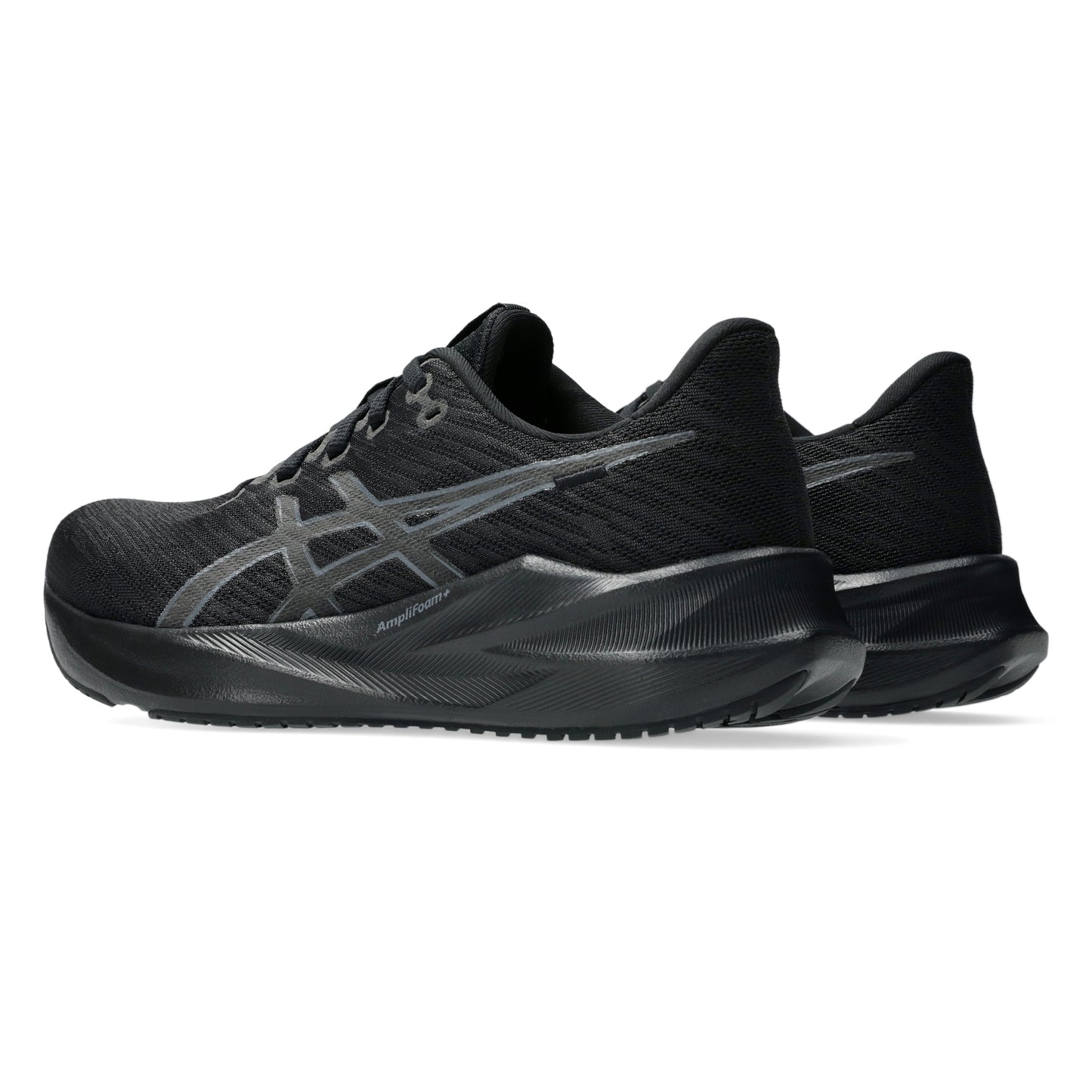 Black Asics running shoes with a prominent brand logo on a white background