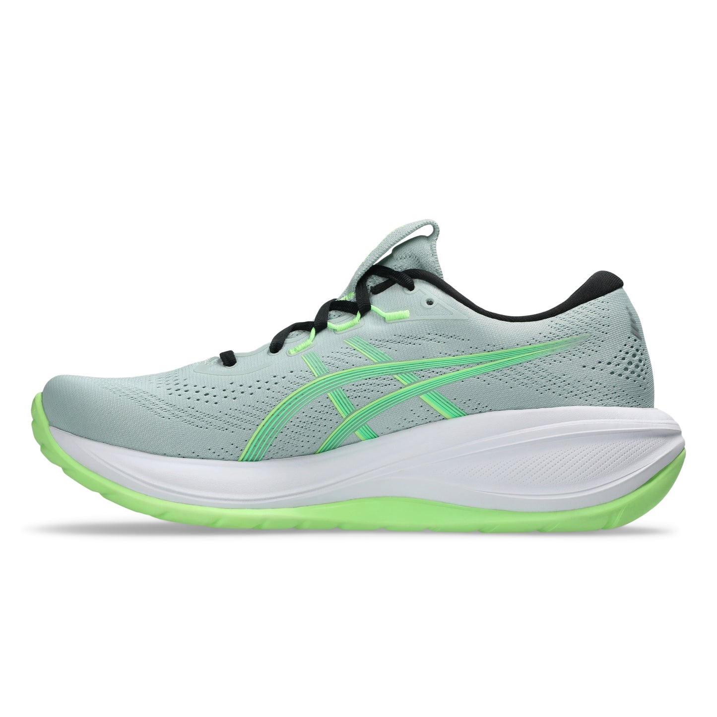 Light blue Asics running shoe with green accents on a white background
