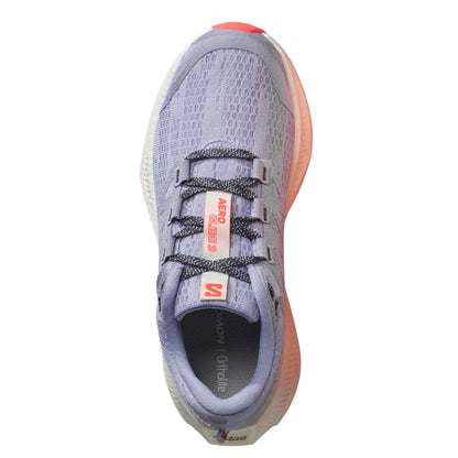 Light purple Salomon running shoe with  wording Aero Glide 3 on a white background