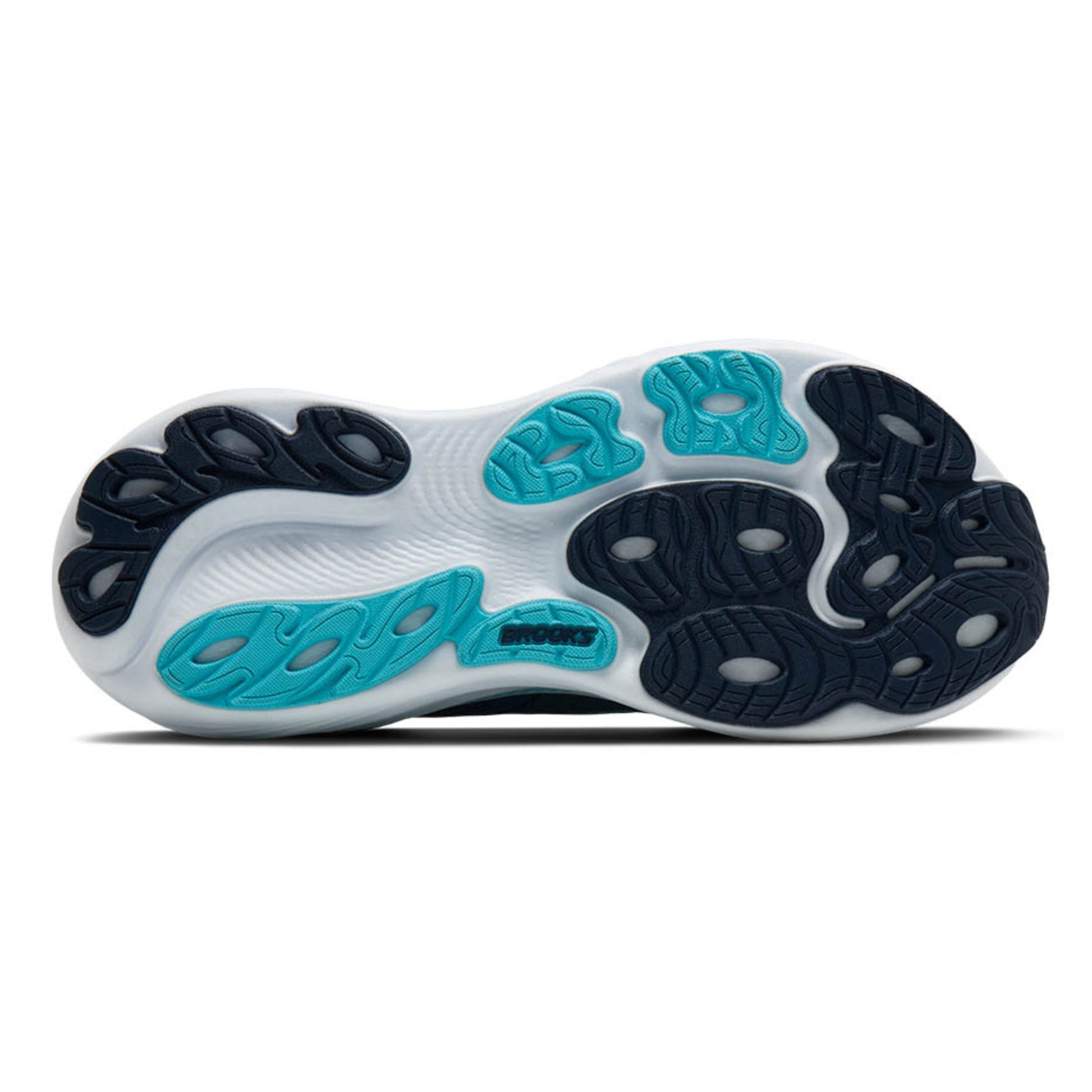 Close-up of a Brooks shoe sole with blue and black pattern on a white background