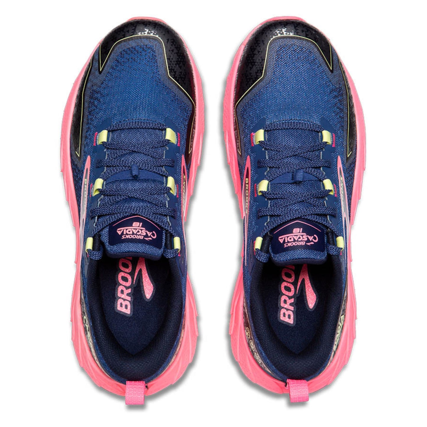 Blue and pink running shoes with 'Brooks' branding on a white background