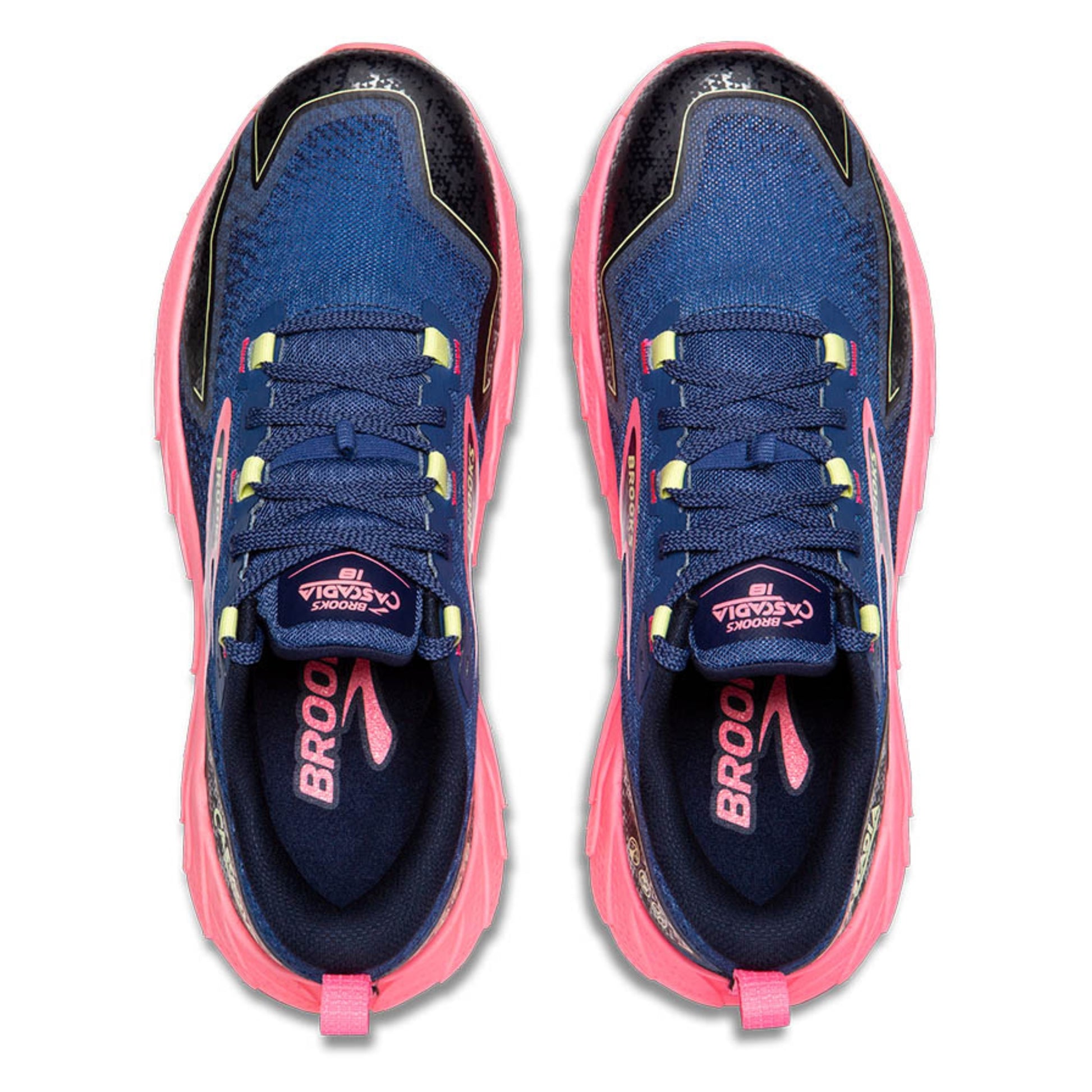 Blue and pink running shoes with 'Brooks' branding on a white background