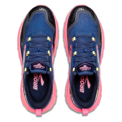 Blue and pink running shoes with 'Brooks' branding on a white background