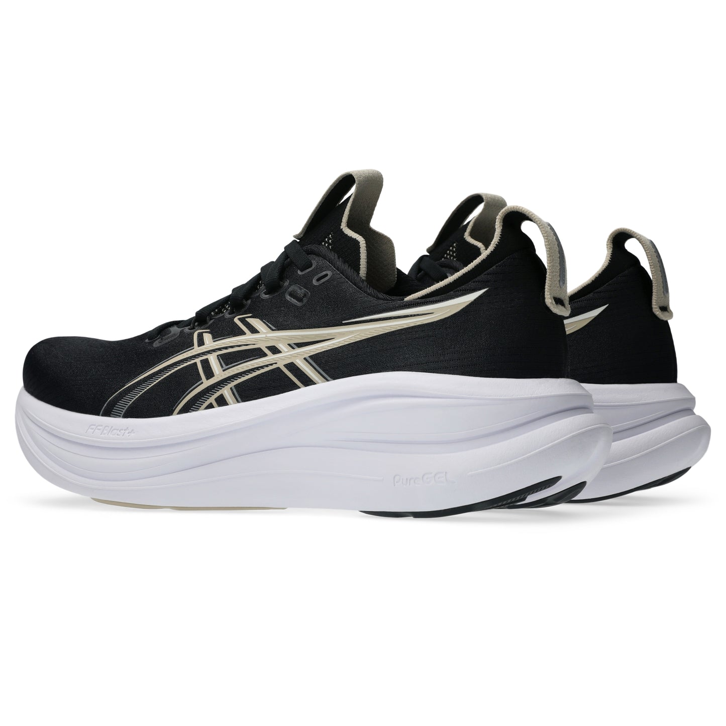 Black Asics running shoes with white soles on a white background