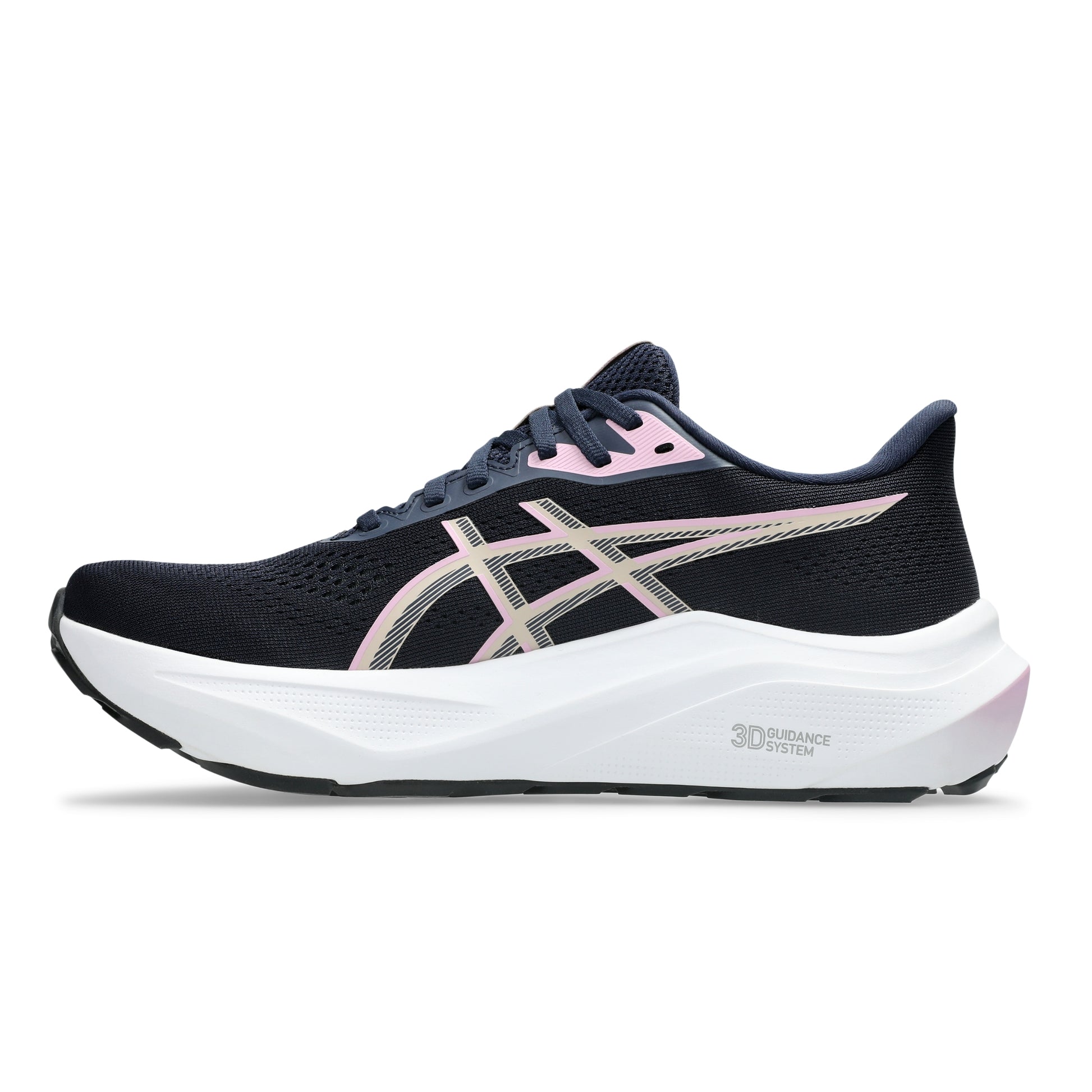 A single ASICS running shoe in black with a white and pink gradient midsole, featuring the signature ASICS stripe logo on the side.