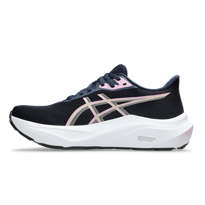 A single ASICS running shoe in black with a white and pink gradient midsole, featuring the signature ASICS stripe logo on the side.