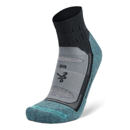 Multicolored sock with a brand logo on a white background