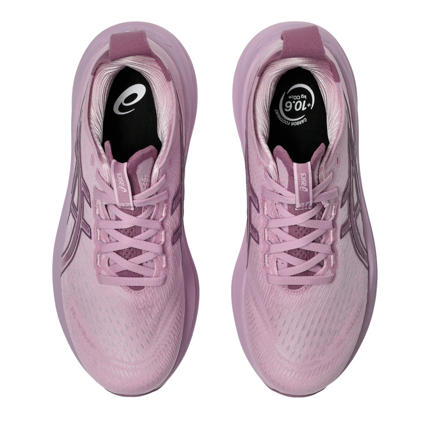 Pair of ube running shoes with brand logos on a white background