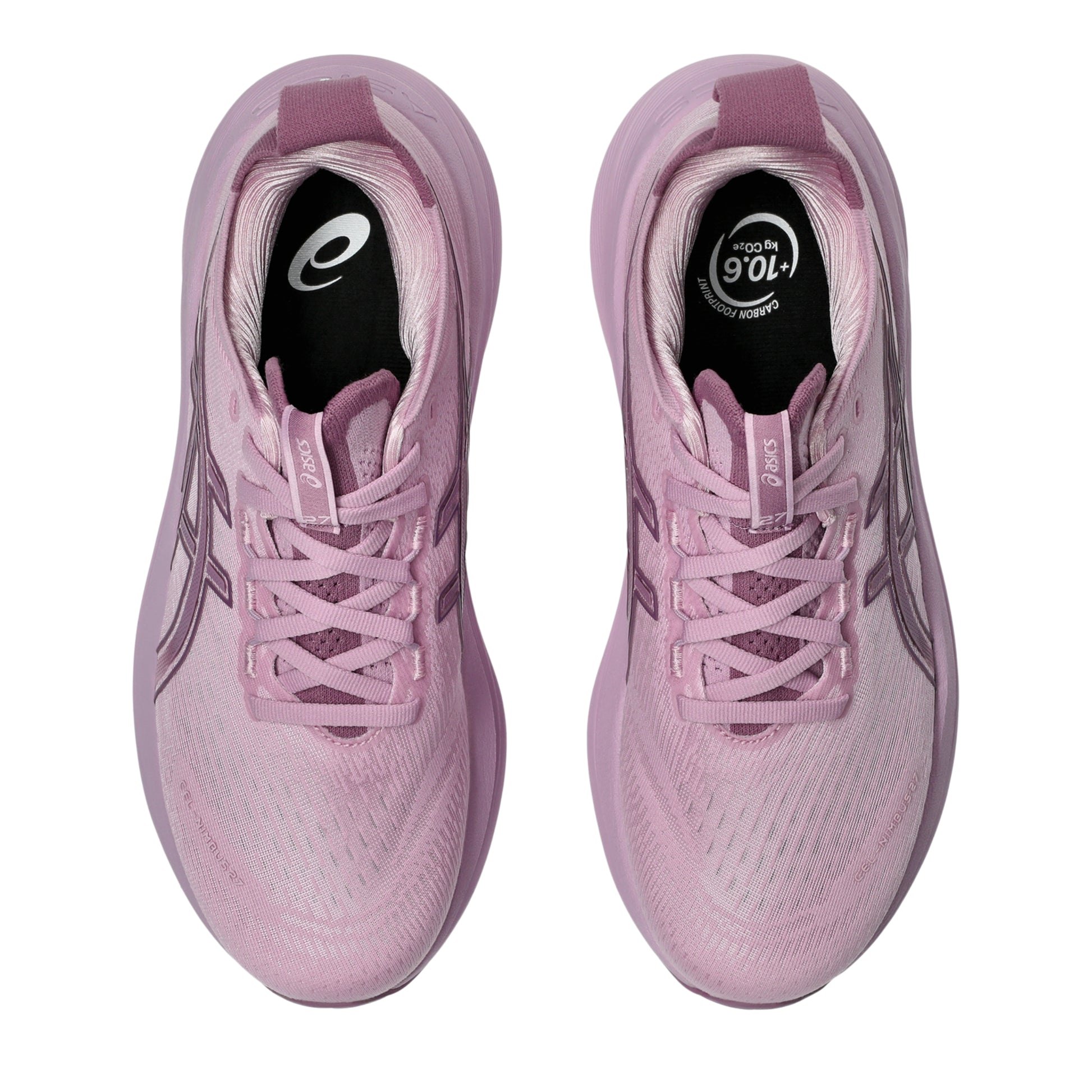 Pair of ube running shoes with brand logos on a white background