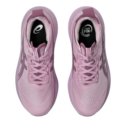 Pair of ube running shoes with brand logos on a white background