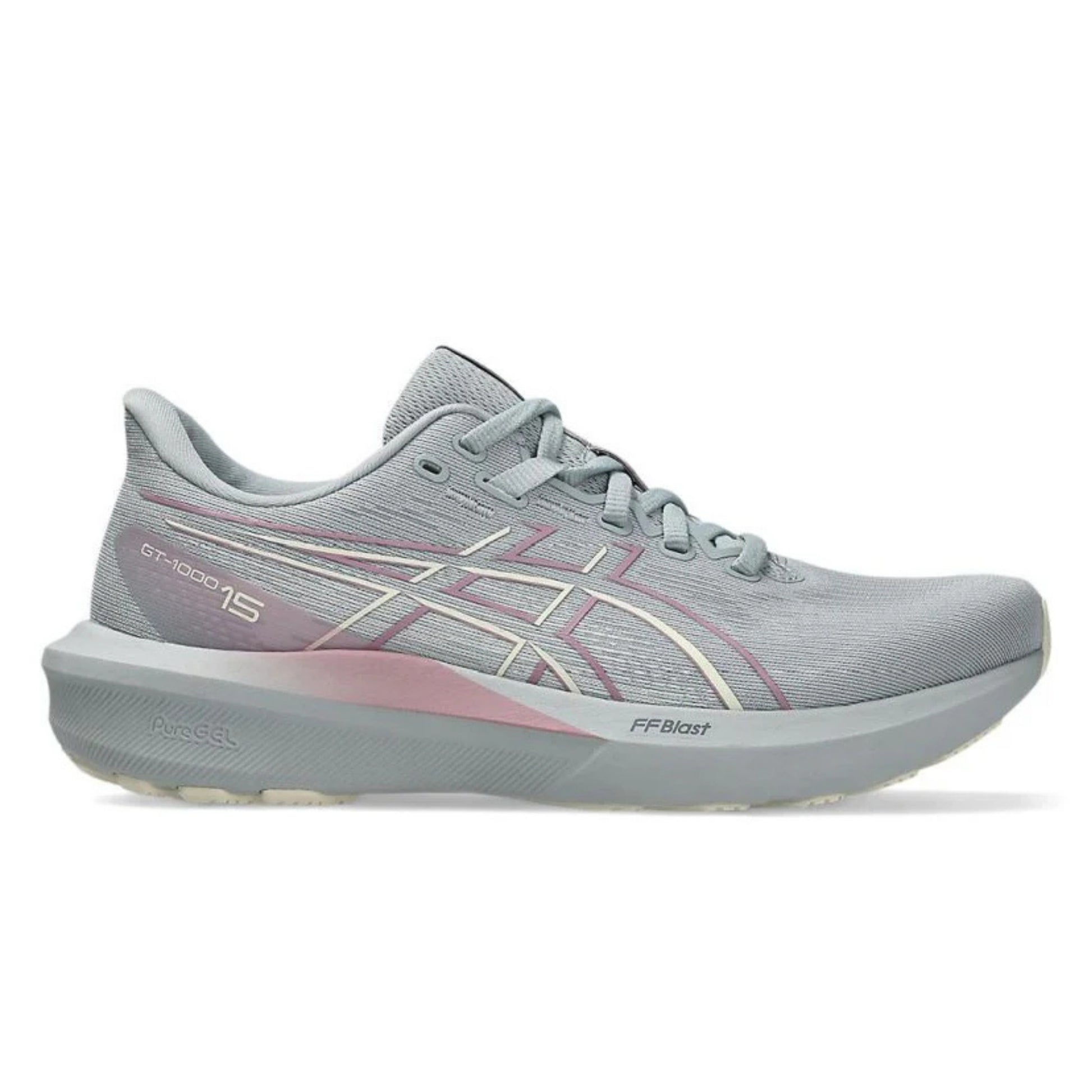 Gray Asics running shoe with pink accents on a white background