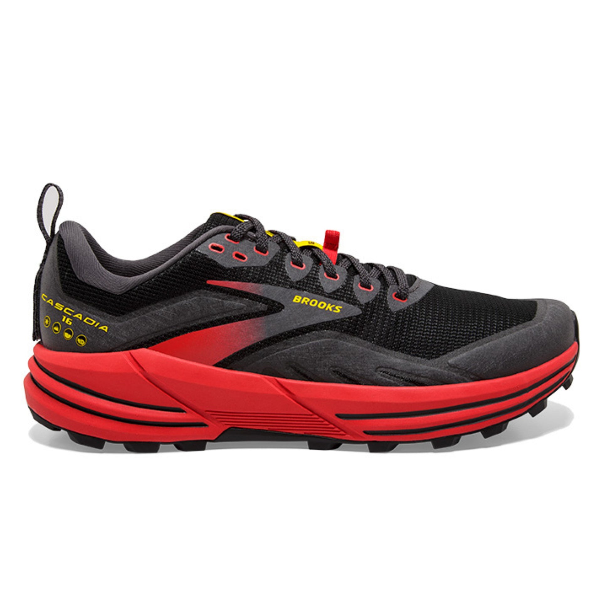 Black and red running shoe with 'Brooks' branding on a white background