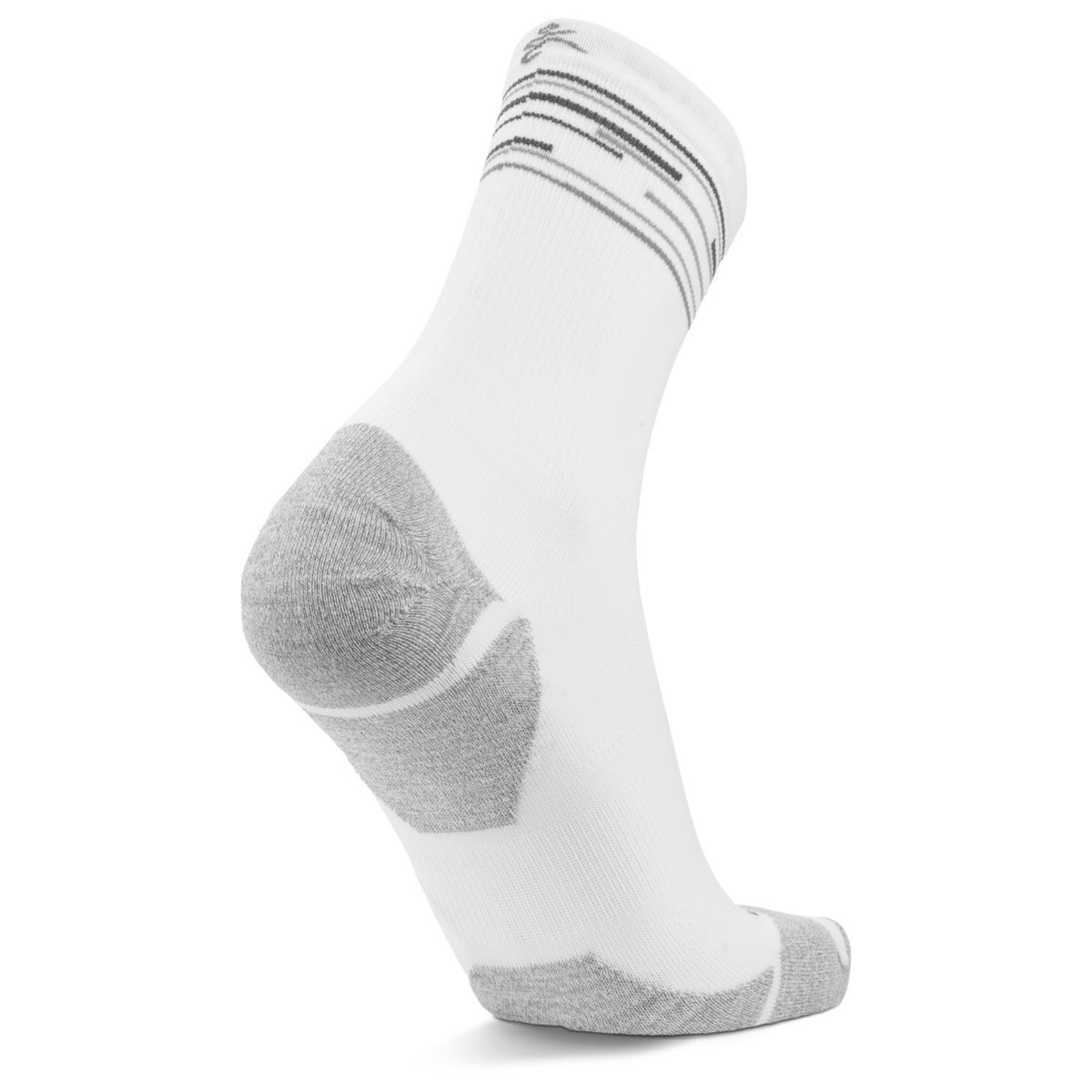 A single white crew sock with gray heel, toe, and ribbed details, shown on a clean white background.