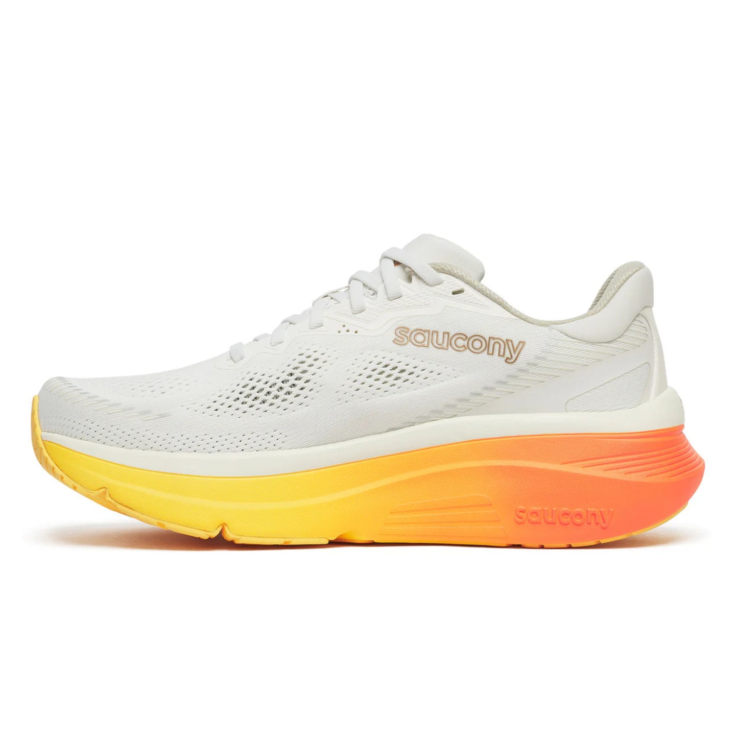 White Saucony running shoe with orange sole on a white background