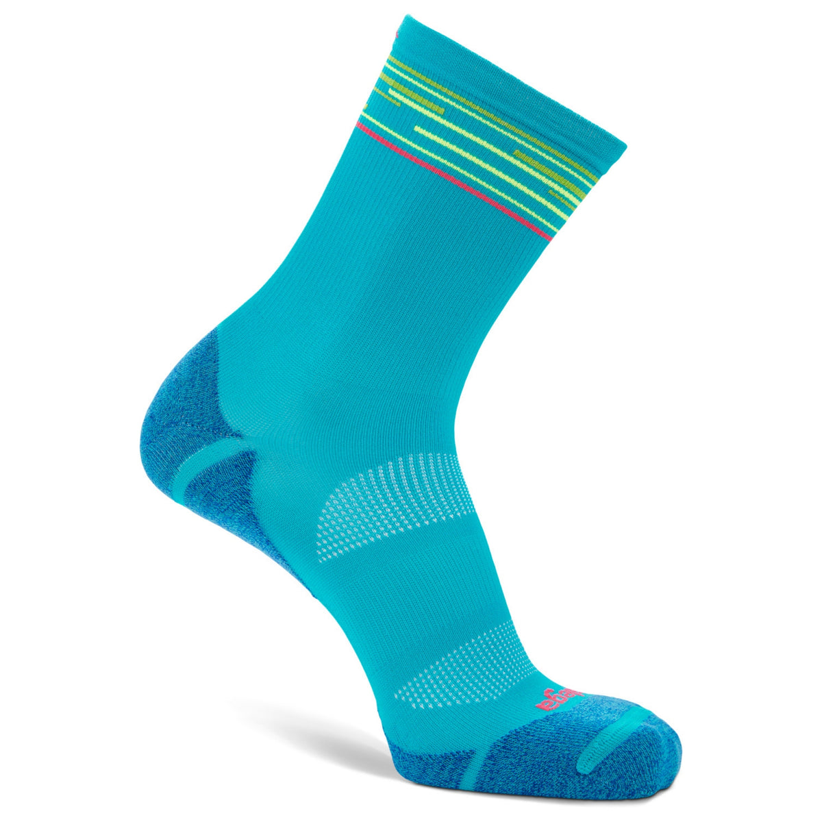 A single athletic crew sock in bright turquoise blue with darker blue reinforced zones at the heel and toe, plus thin multicolor stripes near the cuff, shown on a white background.