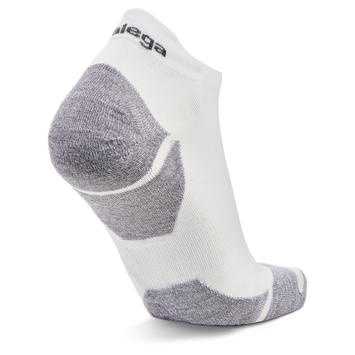 A low-cut athletic sock in white and heather gray, shown from a side profile on a clean white background. The brand name 'BALEGA' is printed in black on the ankle cuff.
