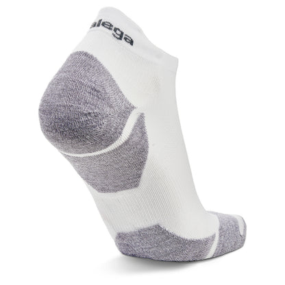 A low-cut athletic sock in white and heather gray, shown from a side profile on a clean white background. The brand name 'BALEGA' is printed in black on the ankle cuff.