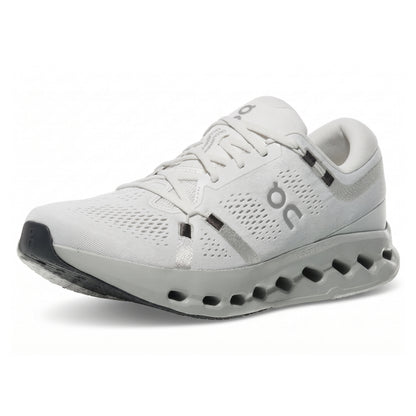 A light gray and white On running shoe with black accents, shown from a three-quarters angle on a white background.