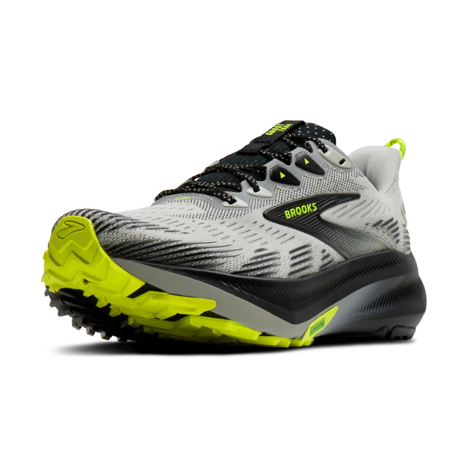 Gray and black Brooks running shoe with yellow accents on a white background