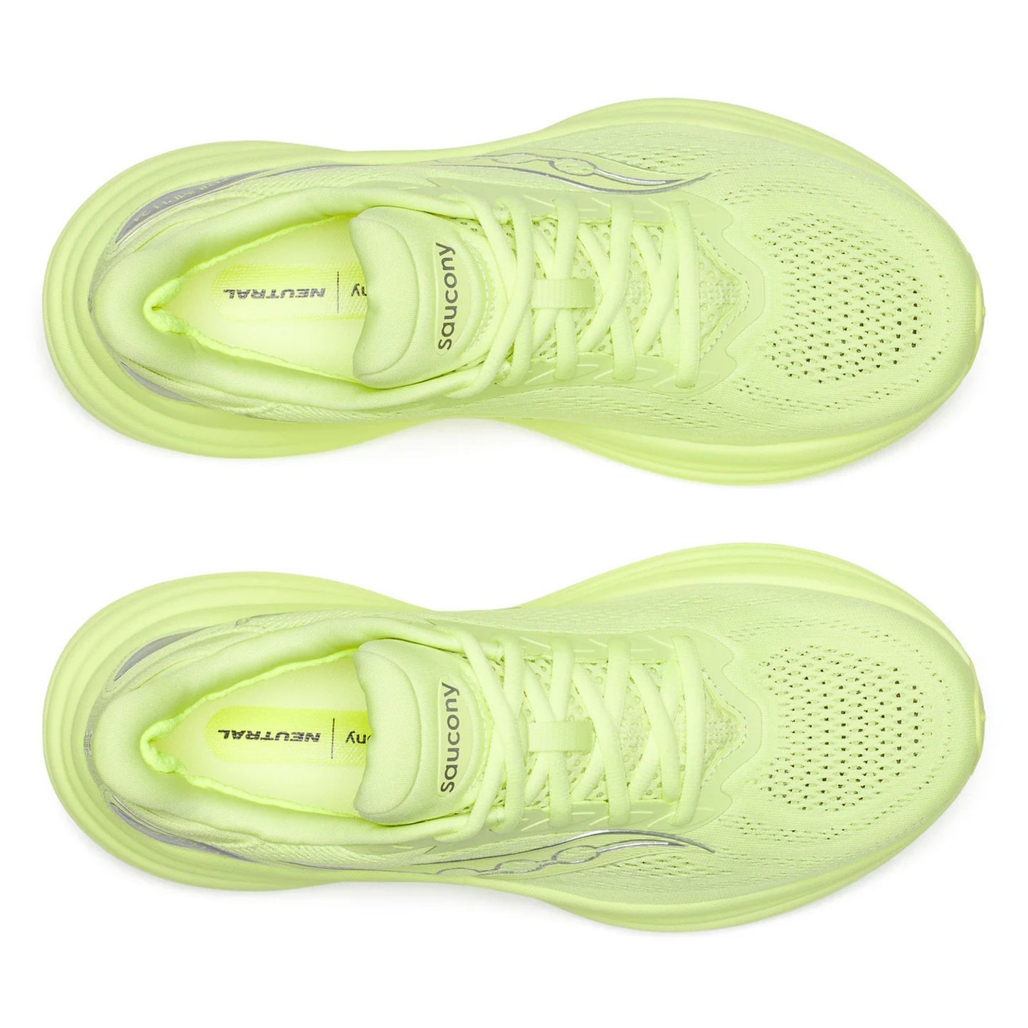 Pair of neon green running shoes with 'Saucony' branding on a white background