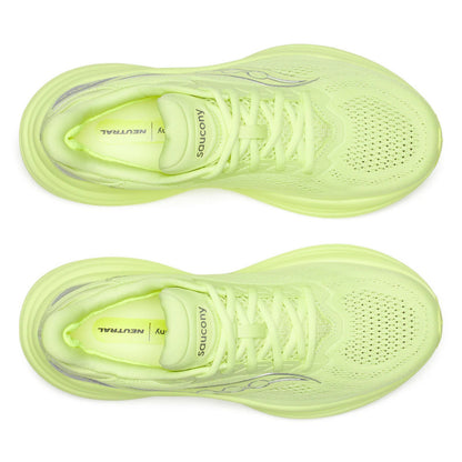 Pair of neon green running shoes with 'Saucony' branding on a white background