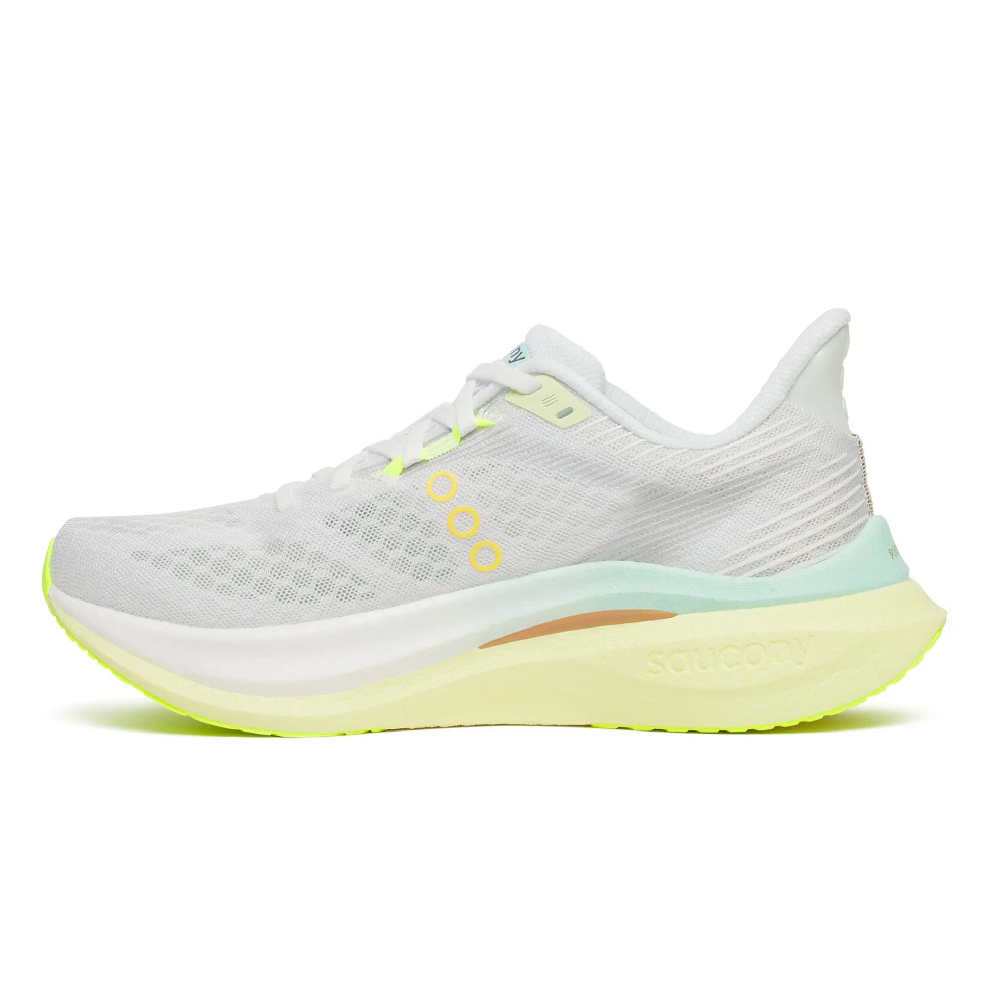 White Saucony running shoe with yellow sole on a white background