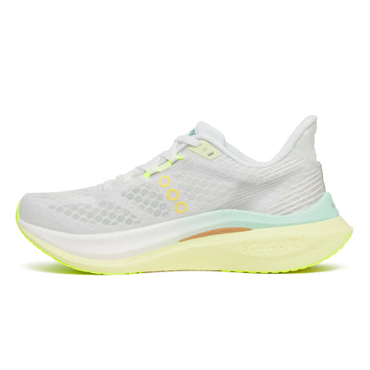 White Saucony running shoe with yellow sole on a white background