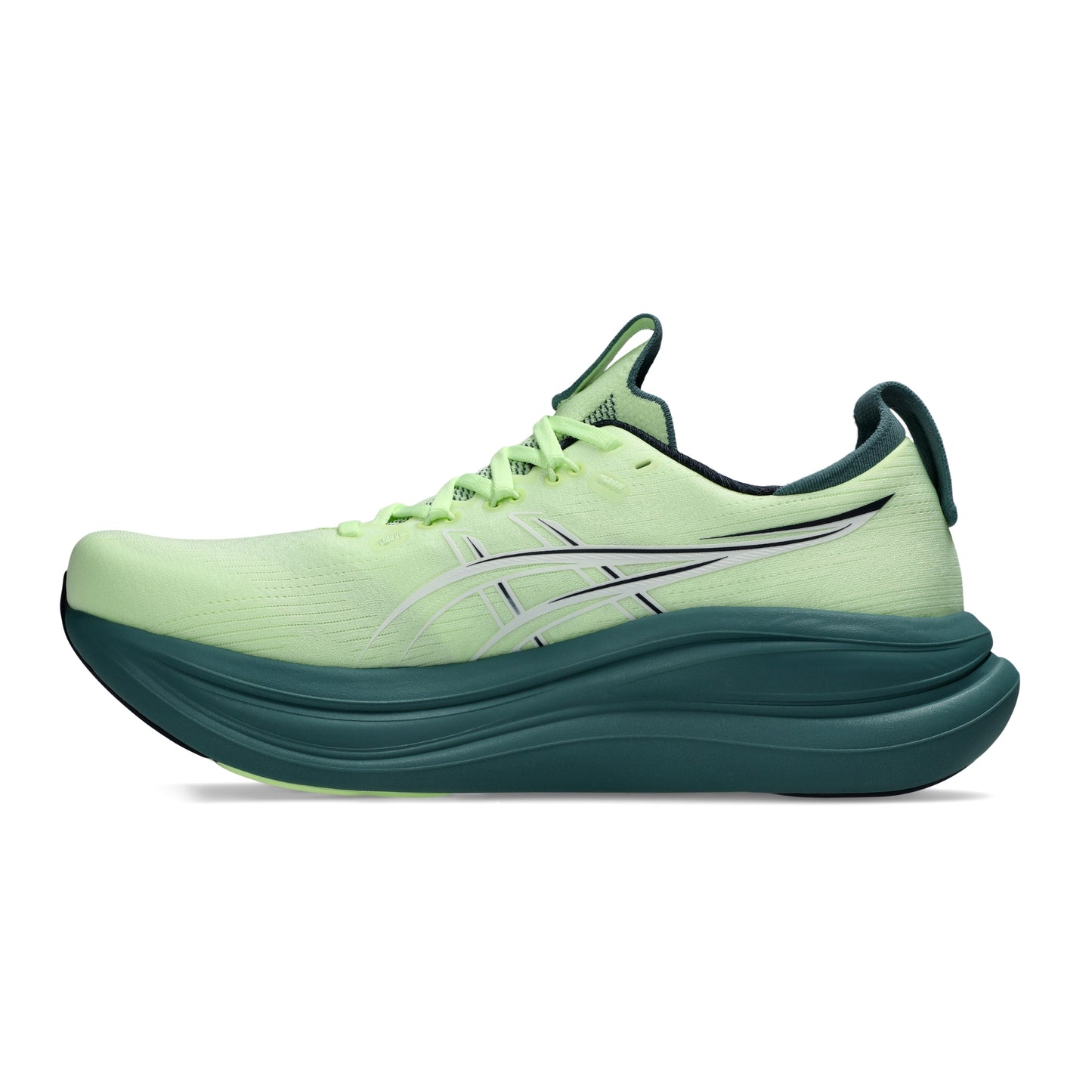 Light green Asics running shoe with a dark green sole on a white background