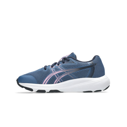 A single ASICS running shoe in navy blue mesh with a white midsole and pink side stripes, shown from the side on a white background.
