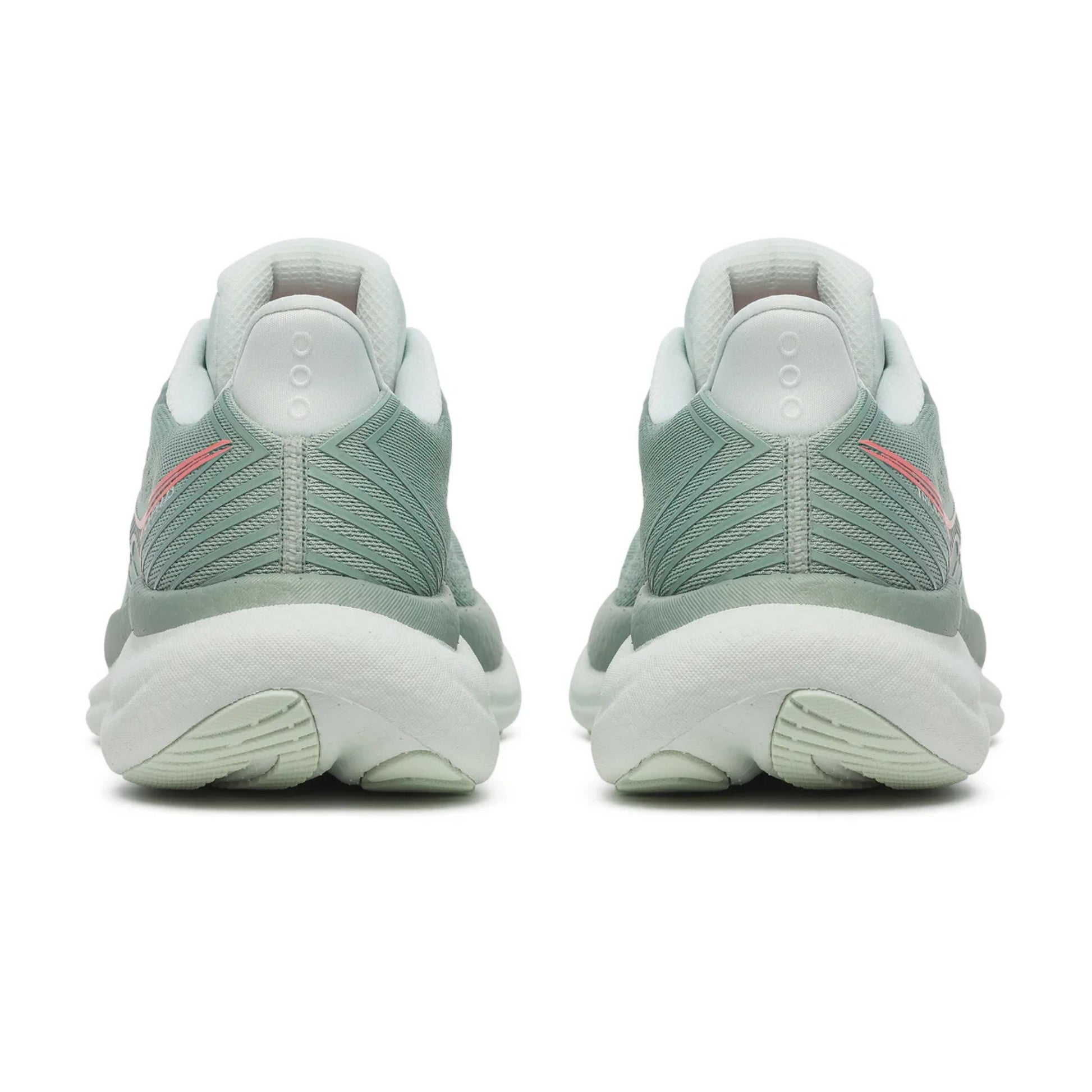 Olive green with a light green sole back of running shoe