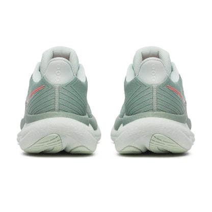 Olive green with a light green sole back of running shoe