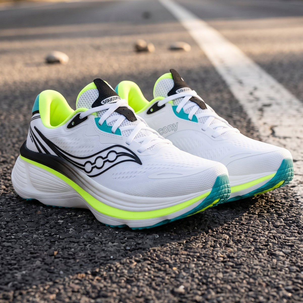 A pair of Saucony running shoes in white with neon yellow-green and teal accents, photographed outdoors on asphalt near a white road line.