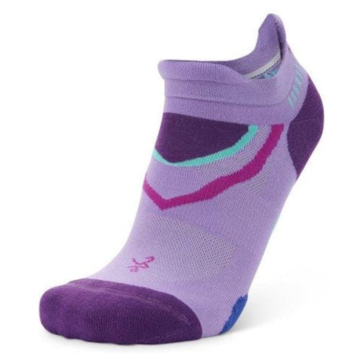 Purple athletic sock with geometric pattern on a white background
